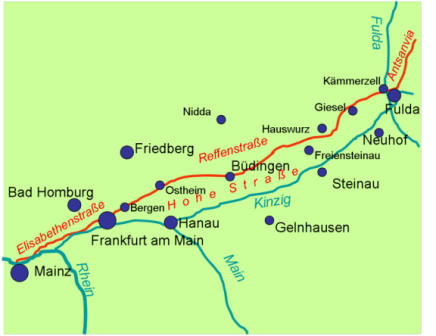Karte der Hohen Strasse zwischen Leipzig und Fulda